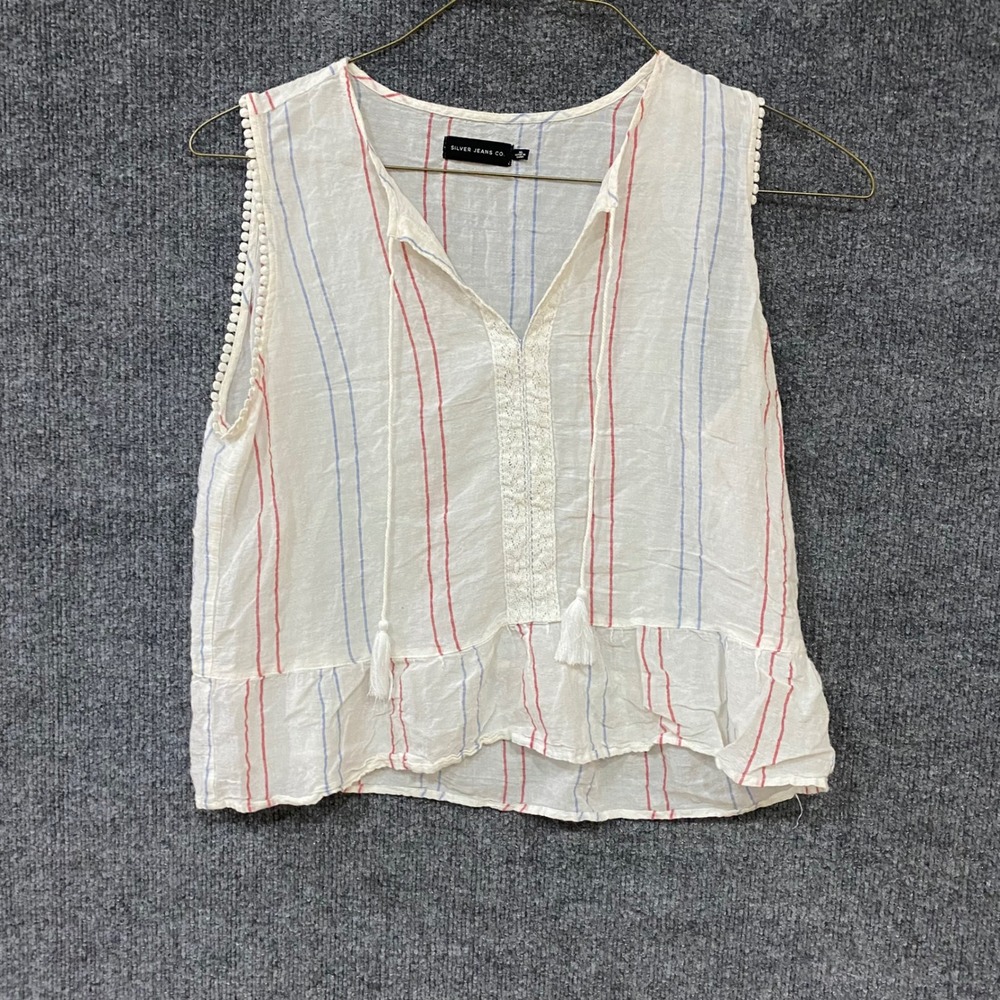 Silver Jeans Co Womens XL Striped Sleeveless Tassel Blouse White Red Blue